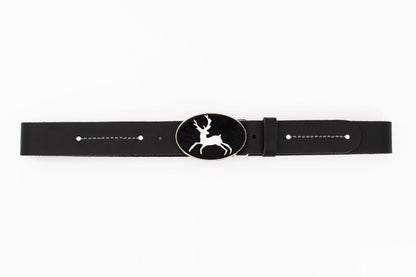 Black Trachten Belt with Deer Buckle and Fur Inlay