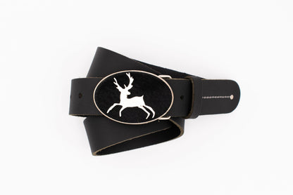 Black Trachten Belt with Deer Buckle and Fur Inlay