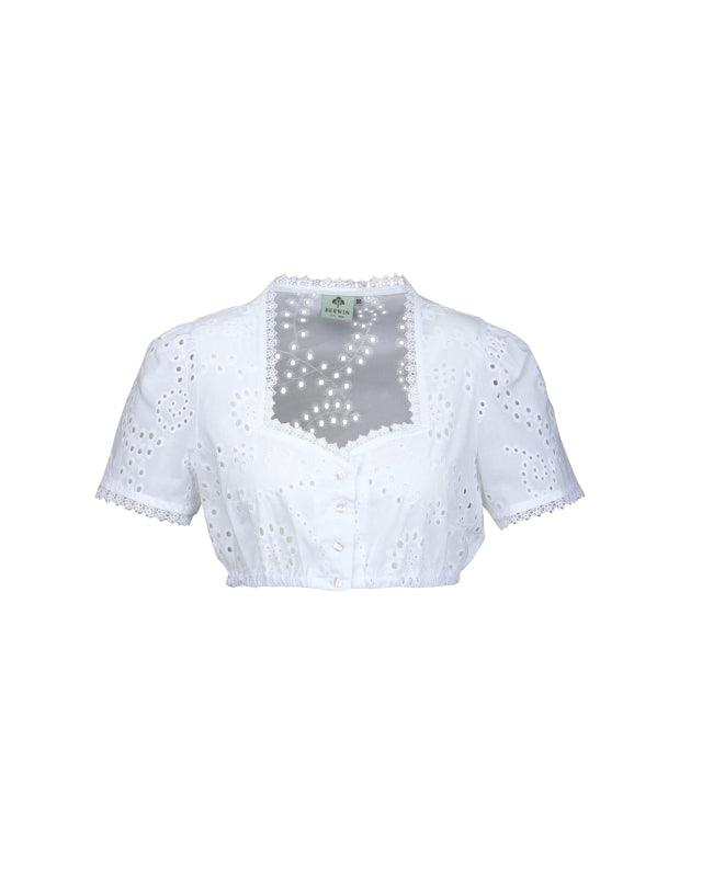 Berwin & Wolff Dirndl Blouse "Sanna" in white with embroidery and sweetheart neckline, featuring floral lace short sleeves.