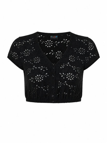 Berwin High-Neck Lace Dirndl Blouse, Black