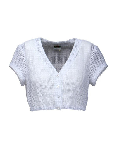 Berwin V-Neck Lace Dirndl Blouse "Maja" in white mesh lace with short sleeves.