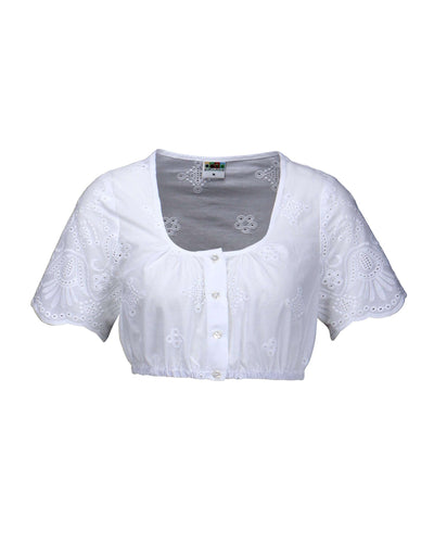 Classic Berwin & Wolff Dirndl Blouse "Minna" in white with round neckline and embroidered short sleeves.