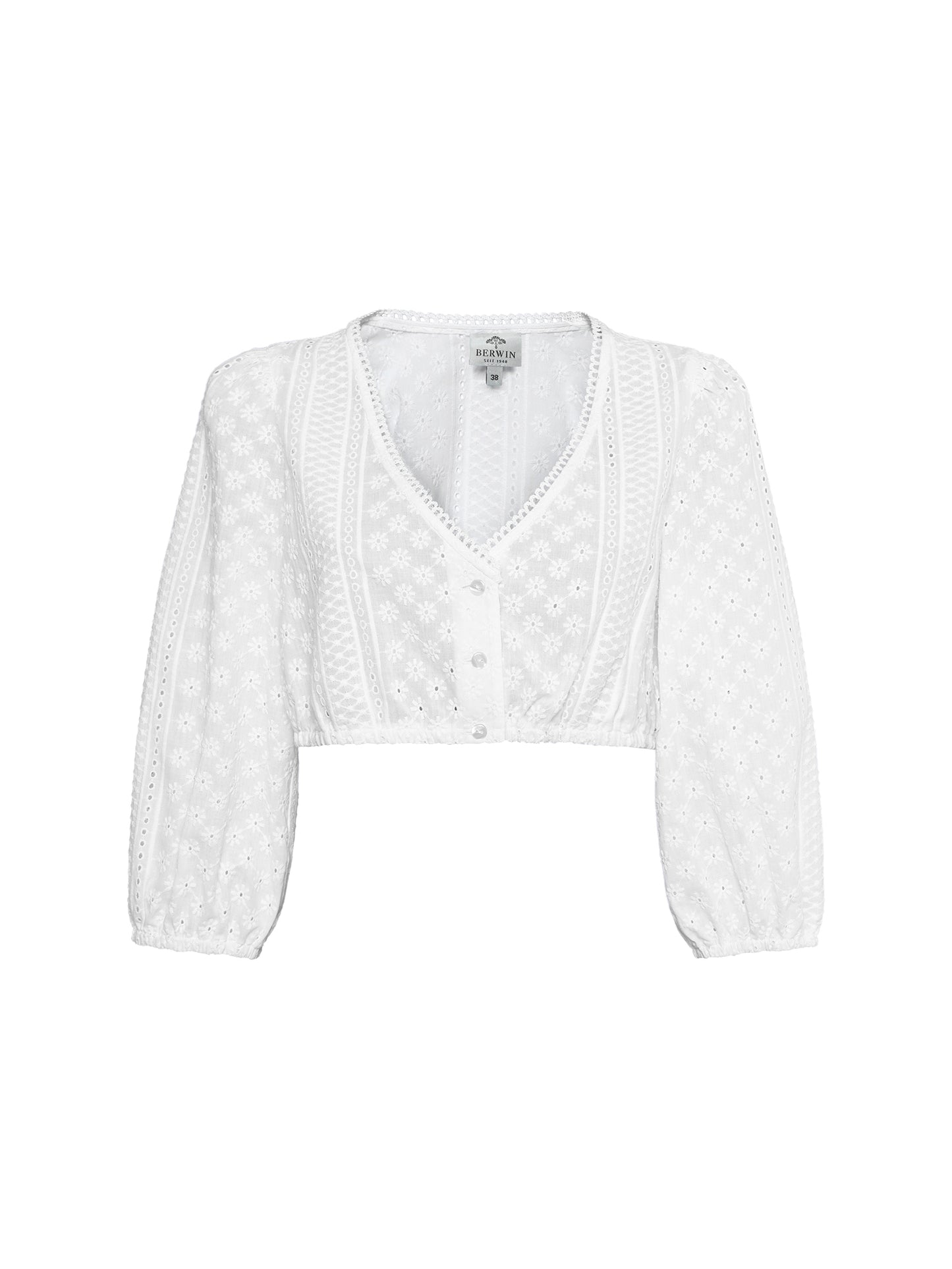 Berwin V-Neck 3/4 Sleeve Lace Embroidery Dirndl Blouse, White
