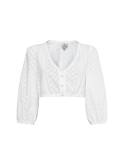 Berwin V-Neck 3/4 Sleeve Lace Embroidery Dirndl Blouse, White