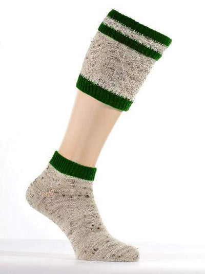 Men's Loferl Loden Tweed in beige-mele with green trim, made of Merino wool and polyamide, displayed on leg mannequin.