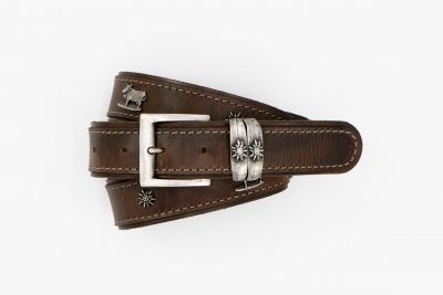 Women's Brown Trachten Belt with Edelweiss and Cow Appliqués