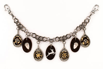 Charivari with acorn and stag on leather in antique silver