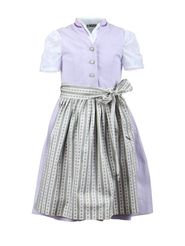 Girls purple dirndl set with blouse and striped apron.