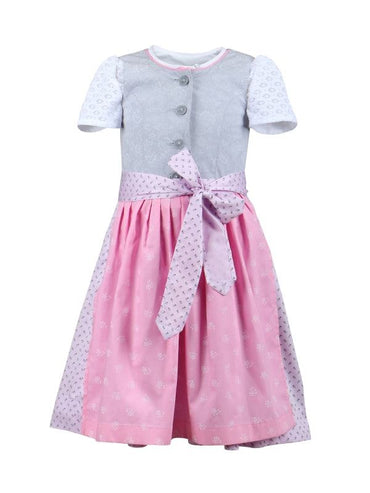 Barwolf Girls Dirndl "Greta" in grey/pink with lace blouse and patterned apron.