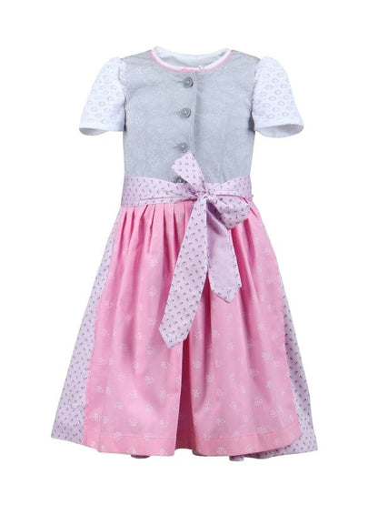 Barwolf Girls Dirndl "Greta" in grey/pink with lace blouse and patterned apron.