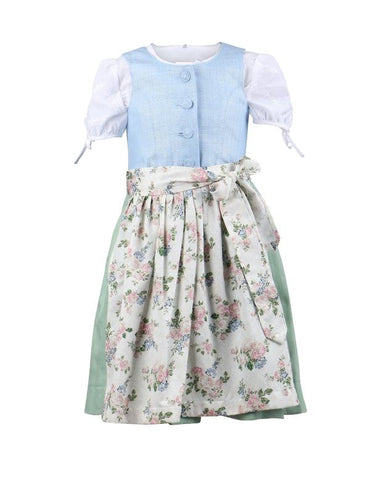 Barwolf Girls Dirndl dress "Anni" in blue and green with floral print apron and lace blouse.