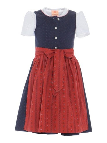 Blue and red Barwolf Girls Dirndl "Alina" with lace blouse and taffeta apron.