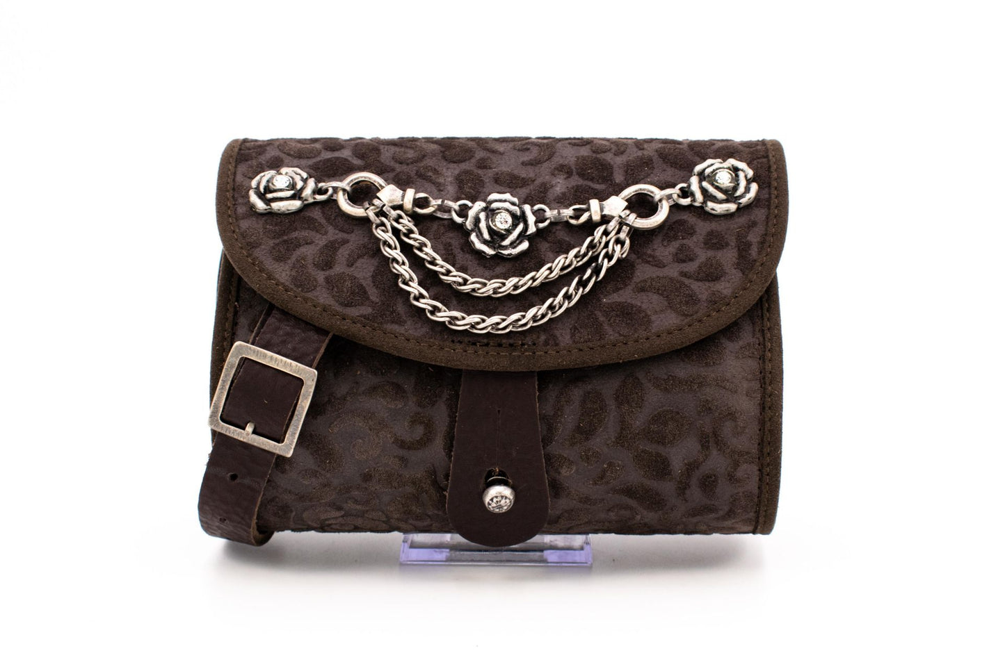 Sima Velvet-Embossed Leather Evening Clutch Bag with Ornate Silver Rose Chain Elements