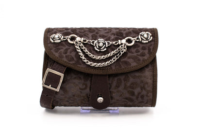 Sima Velvet-Embossed Leather Evening Clutch Bag with Ornate Silver Rose Chain Elements
