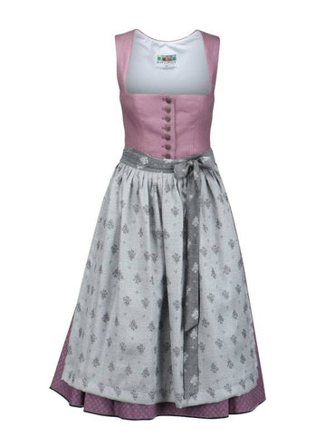 Berwin Long Dirndl Liesel 2pcs 70cm in berry with linen top, printed cotton skirt, and jacquard floral apron.