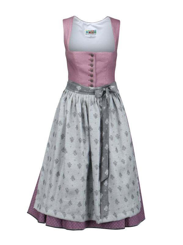Berwin Long Dirndl Liesel 2pcs 70cm in berry with linen top, printed cotton skirt, and jacquard floral apron.
