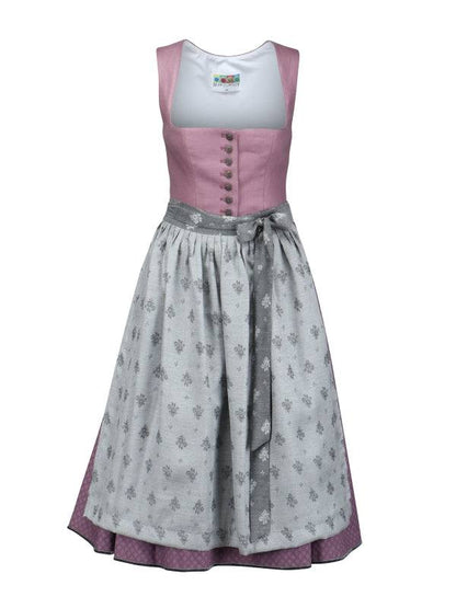 Berwin Long Dirndl Liesel 2pcs 70cm in berry with linen top, printed cotton skirt, and jacquard floral apron.