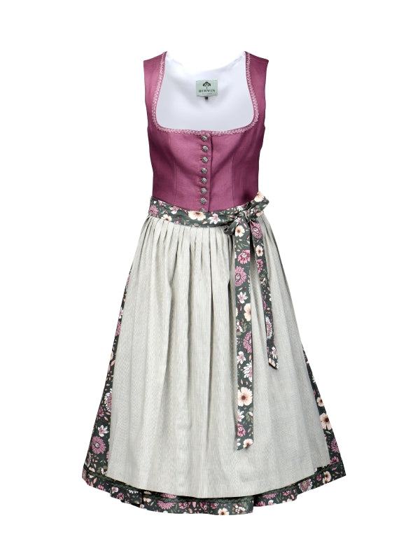 Berwin Long Dirndl 2pcs. 70cm with peplum, green and purple design, featuring linen bodice and striped apron.