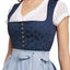 Classic Berwin Long Dirndl in navy with striped apron and silver buttons.