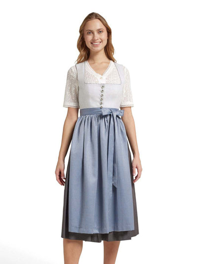 Berwin & Wolff Dirndl Elsa with printed cotton top, pleated herringbone skirt, floral apron.