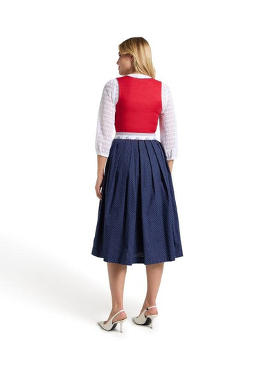 Berwin Maxi Dirndl in red with polka dot skirt and white apron, side view.