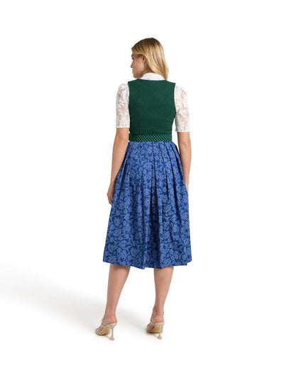 Berwin Maxi Dirndl "Anika" in green with floral apron and blue patterned skirt.