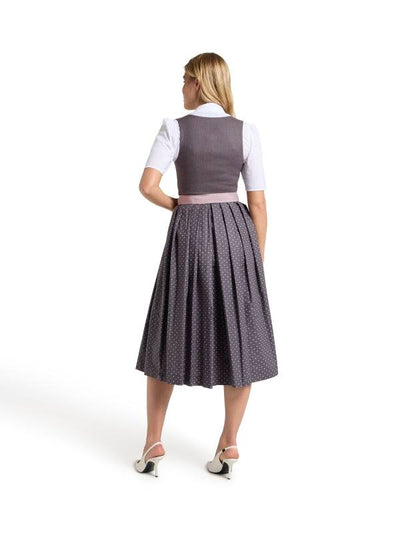 Berwin Maxi Dirndl 2pcs 75cm "Hanna" anthracite dress with pleated floral skirt and polka dot apron, showcasing back view.