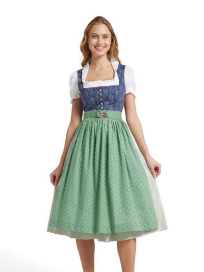 Berwin Long Dirndl 2pcs blue/sage with cotton top, pleated skirt, floral apron, suitable for festive occasions.