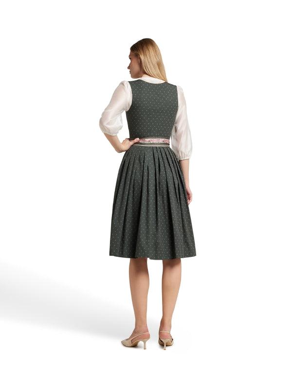 Berwin Long Dirndl 2pcs 70cm "Elsbeth" in olive with traditional print fabric and pleated skirt.
