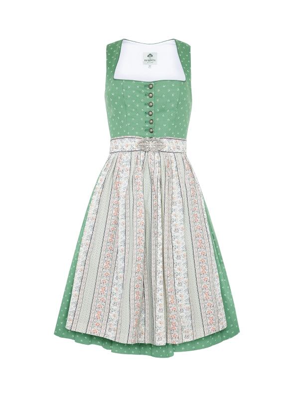 Berwin Long Dirndl "Klara" in green with blue print and cotton satin apron, 70cm length.