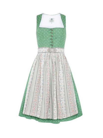 Berwin Long Dirndl "Klara" in green with blue print and cotton satin apron, 70cm length.