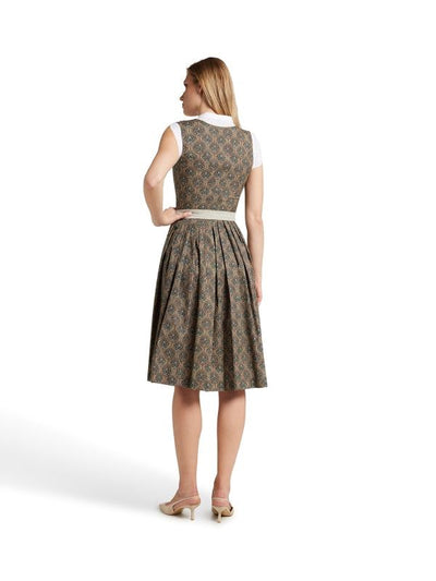 Berwin Long Dirndl in olive with ornamental cotton fabric, elegant buttons, pleated skirt, 70 cm length, and matching apron.