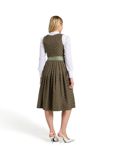 Berwin Long Dirndl 2pcs. 70cm "Verena" in olive, classic button-through design with pleated skirt and taffeta apron, side view.