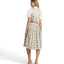 Berwin Long Dirndl "Mina" in pink, featuring high-quality cotton fabric with a floral print, taffeta apron, pleated skirt, and 70 cm length; made in Germany.