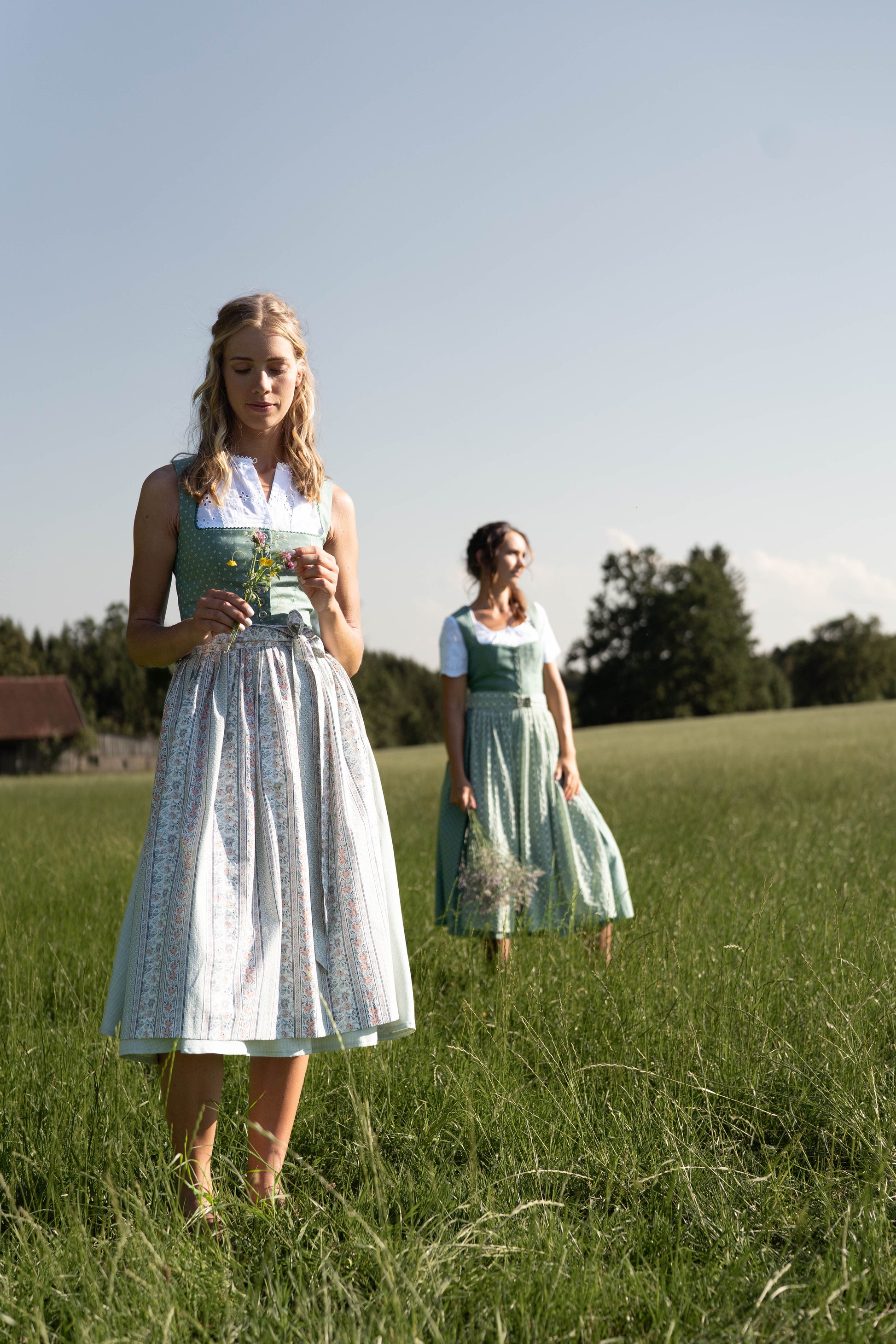 Blue print dirndl with herringbone skirt