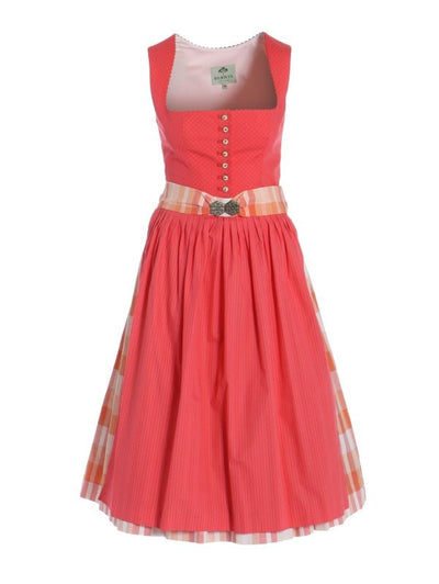 Berwin Long Dirndl 2-piece orange dress with checked skirt and striped apron, featuring scalloped neckline and floral buttons, 70cm length.