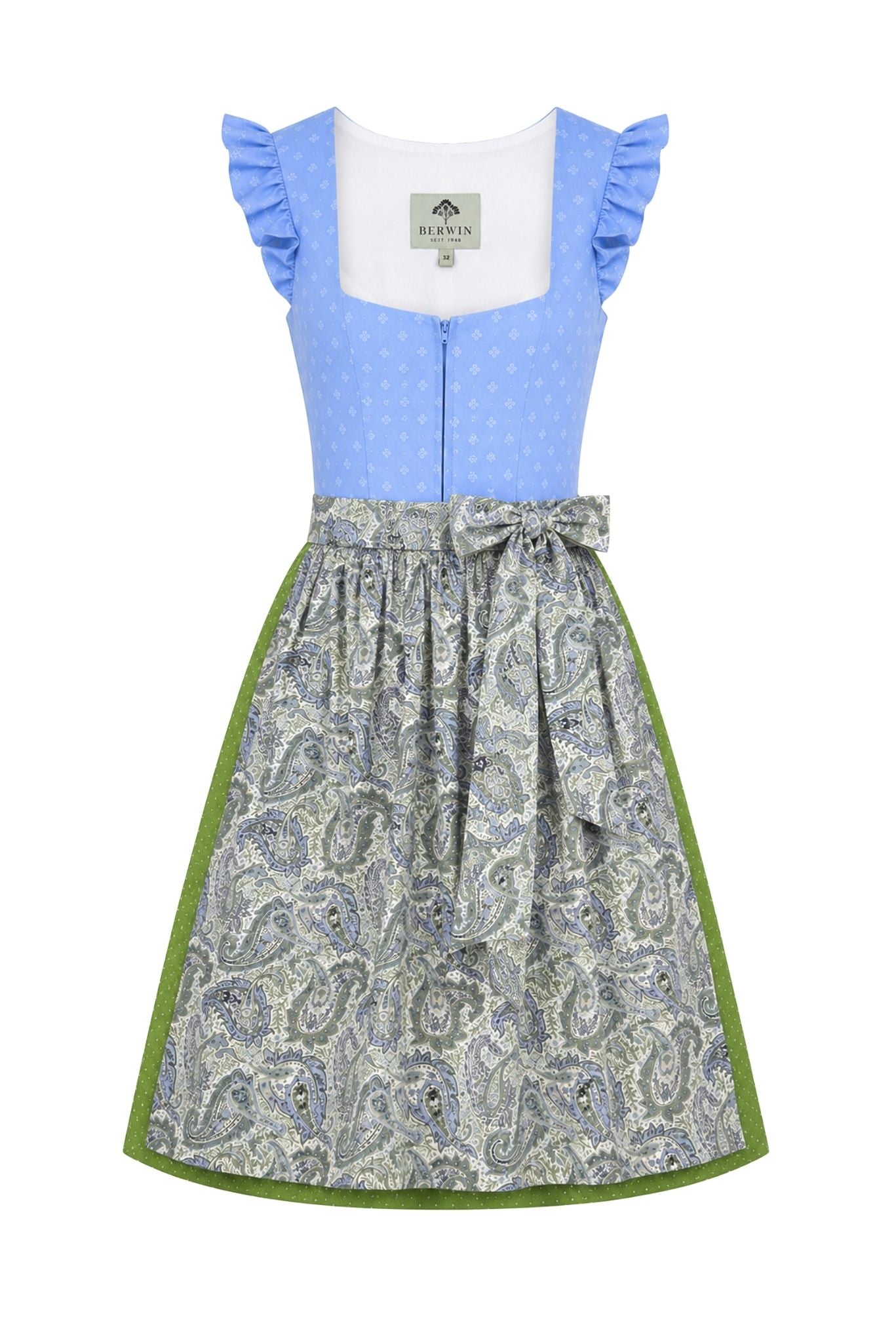 Berwin dirndl Jana light blue paisley apron front