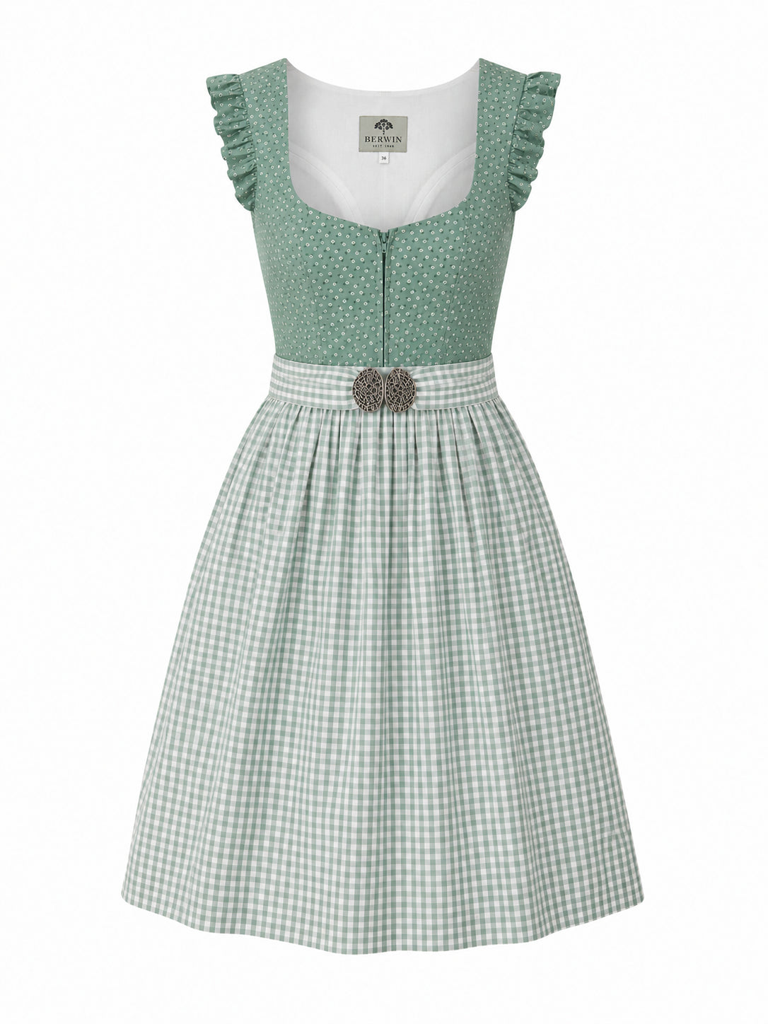 Berwin dirndl Ida sage green gingham apron front
