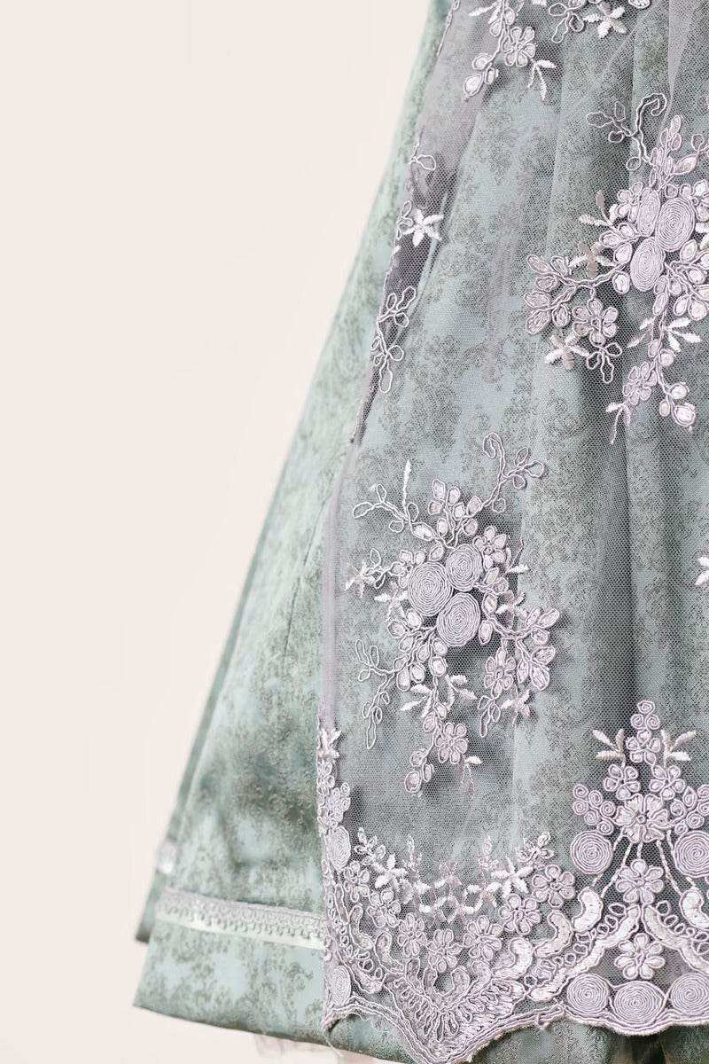 Kruger Mini Dirndl "Alara" in green with floral lace, sweetheart neckline, 60cm skirt length.