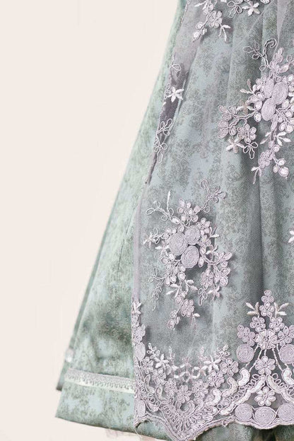 Kruger Mini Dirndl "Alara" in green with floral lace, sweetheart neckline, 60cm skirt length.
