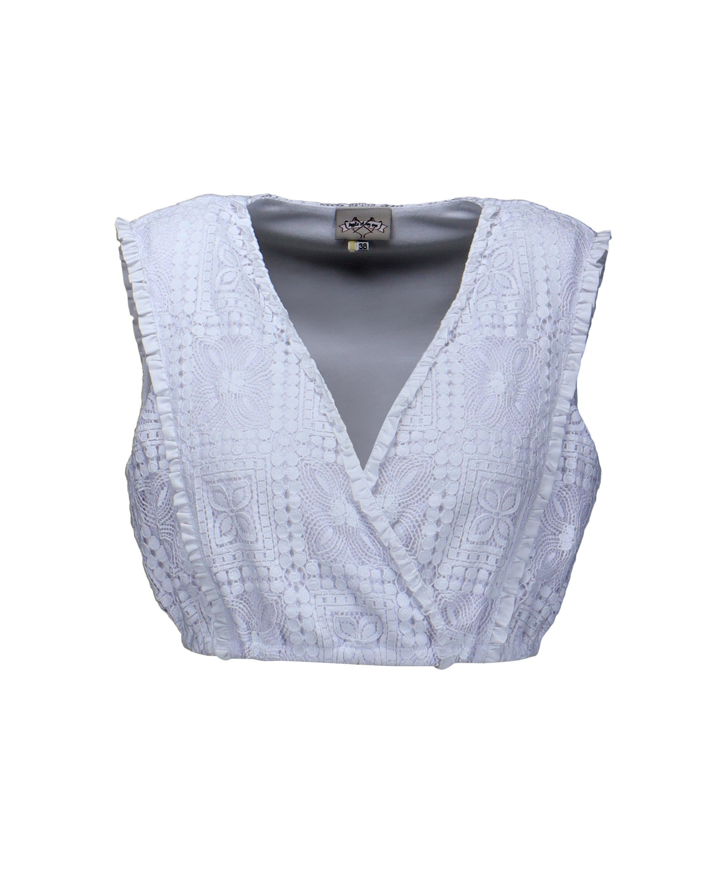 Berwin High-Neck Short Sleeve Lace Embroidery Dirndl Blouse, White