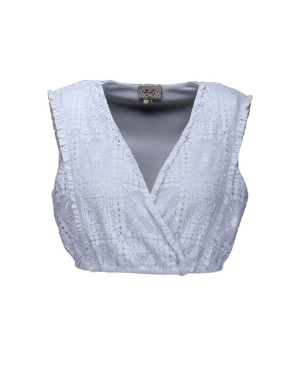 Berwin High-Neck Short Sleeve Lace Embroidery Dirndl Blouse, White