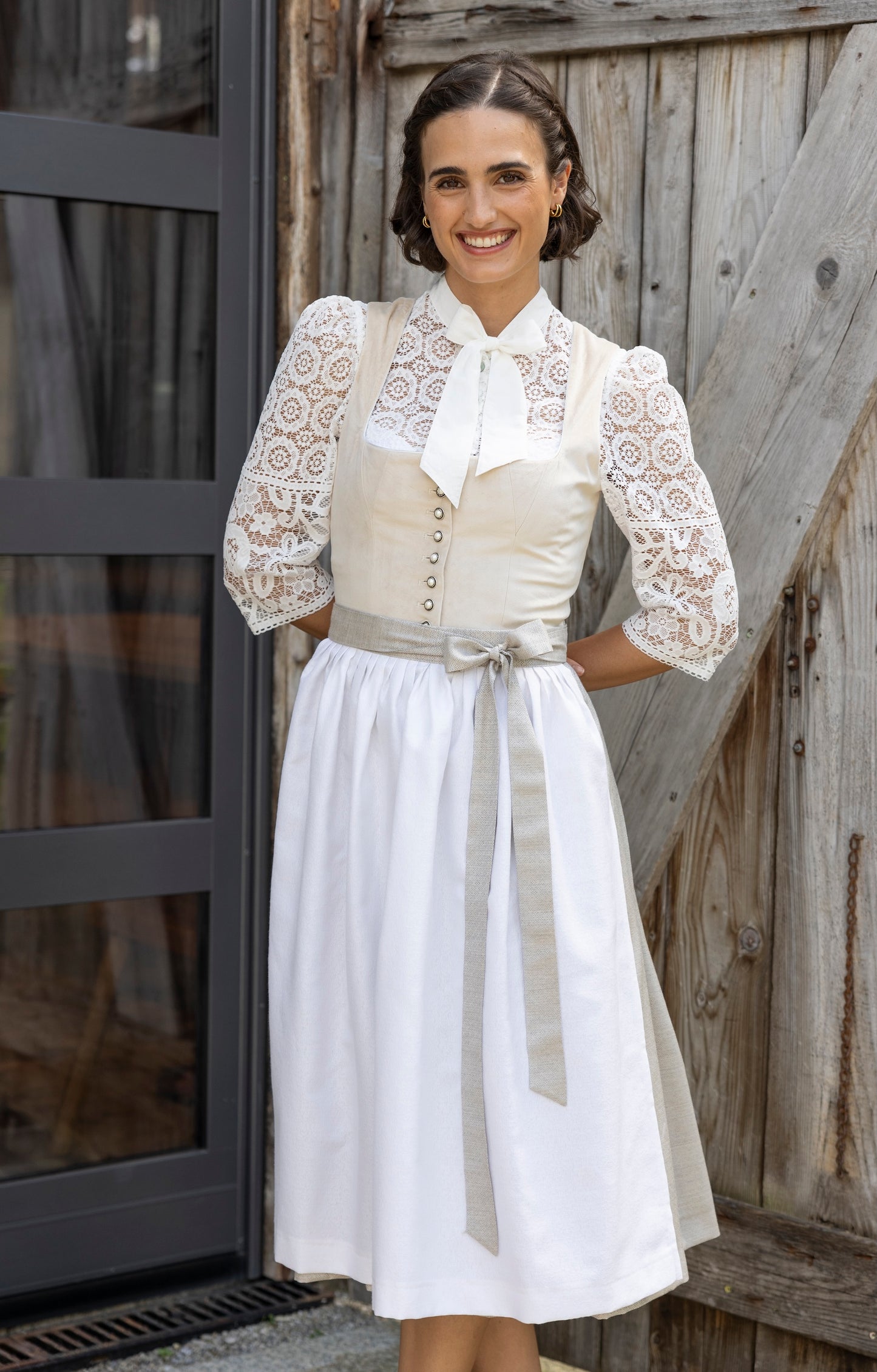 Berwin High-Neck Lace Dirndl Blouse, Ecru