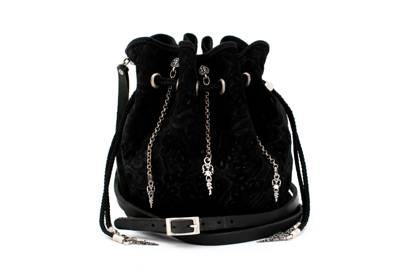 Black Patterned Velvet Pompadour Drawstring Pouch with Antique Silver Hanging Chain Accents & Leather Strap