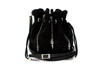 Black Patterned Velvet Pompadour Drawstring Pouch with Antique Silver Hanging Chain Accents & Leather Strap