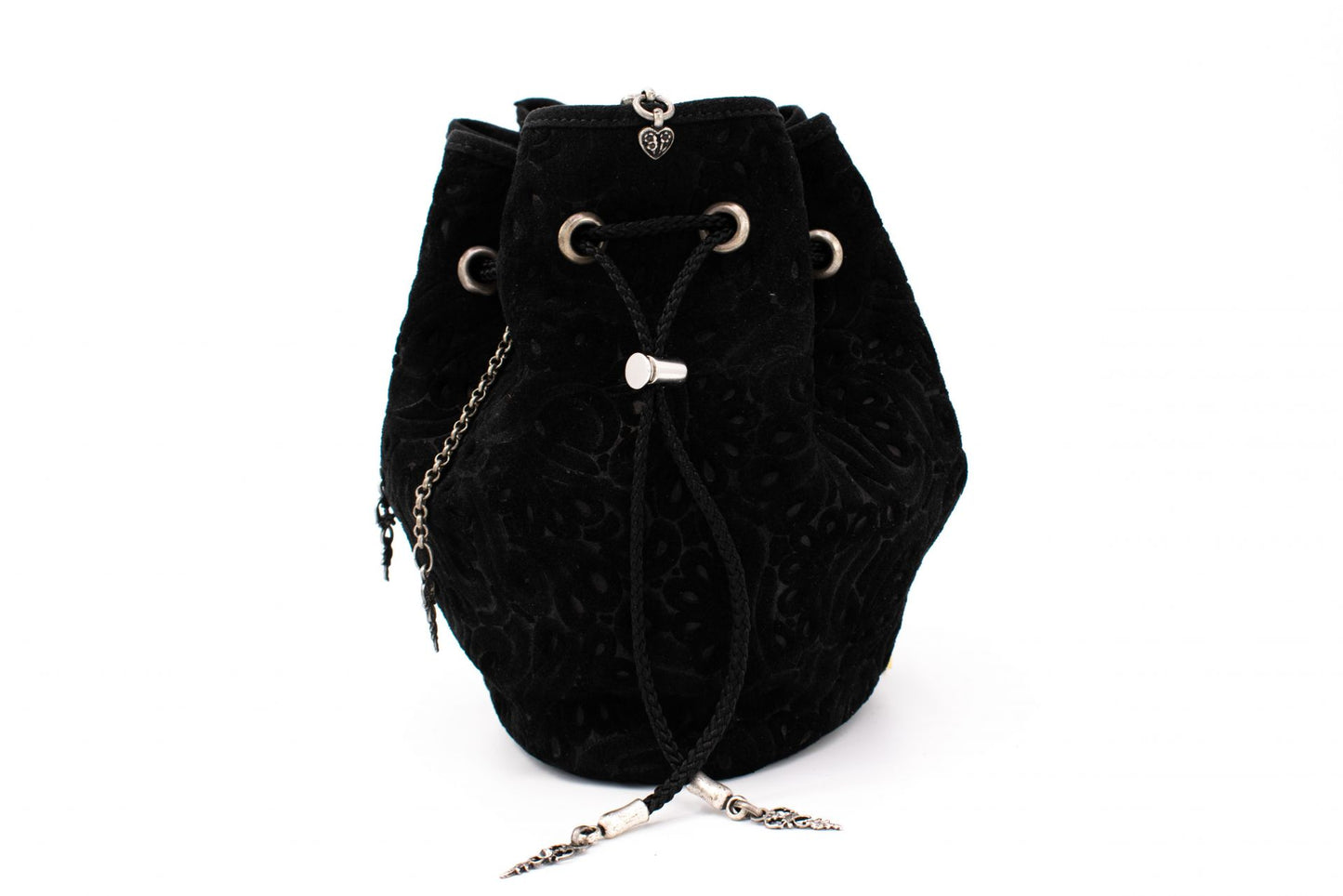 Black Patterned Velvet Pompadour Drawstring Pouch with Antique Silver Hanging Chain Accents & Leather Strap