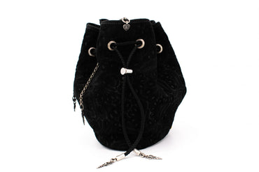 Black Patterned Velvet Pompadour Drawstring Pouch with Antique Silver Hanging Chain Accents & Leather Strap