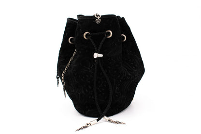 Black Patterned Velvet Pompadour Drawstring Pouch with Antique Silver Hanging Chain Accents & Leather Strap