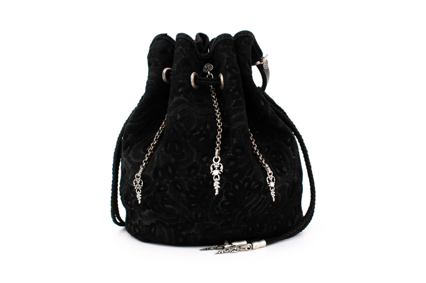 Black Patterned Velvet Pompadour Drawstring Pouch with Antique Silver Hanging Chain Accents & Leather Strap