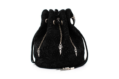 Black Patterned Velvet Pompadour Drawstring Pouch with Antique Silver Hanging Chain Accents & Leather Strap